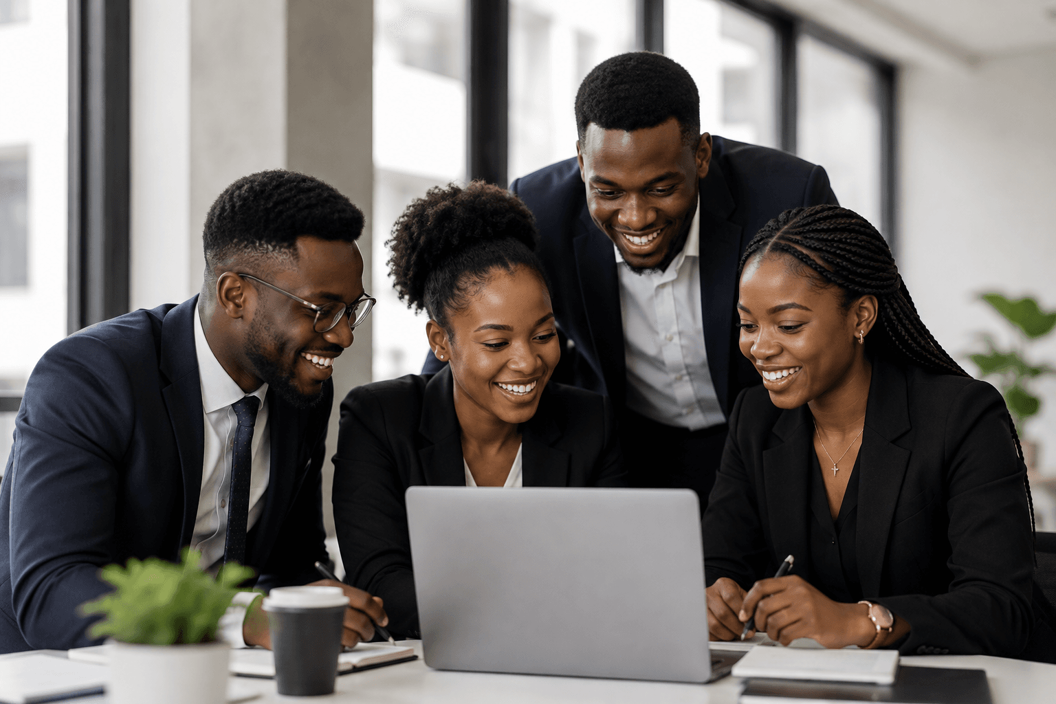 Four young Jebbidox Youth Investment Club members reviewing their investment portfolio together around a laptop