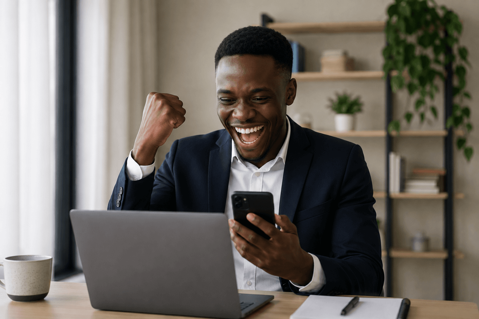 A young Jebbidox investor smiling and celebrating after checking his investment progress on his phone at his desk